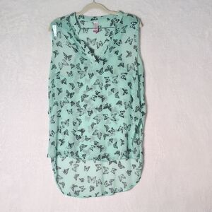 No Boundaries Womens Teal Butterfly Sleeveless Asymmetrical Tank‎ Top Size L